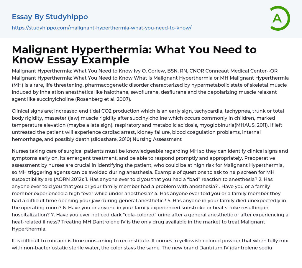 Malignant Hyperthermia: What You Need to Know? Essay Example