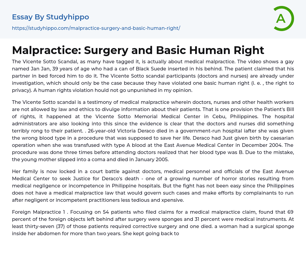 Malpractice: Surgery and Basic Human Right Essay Example