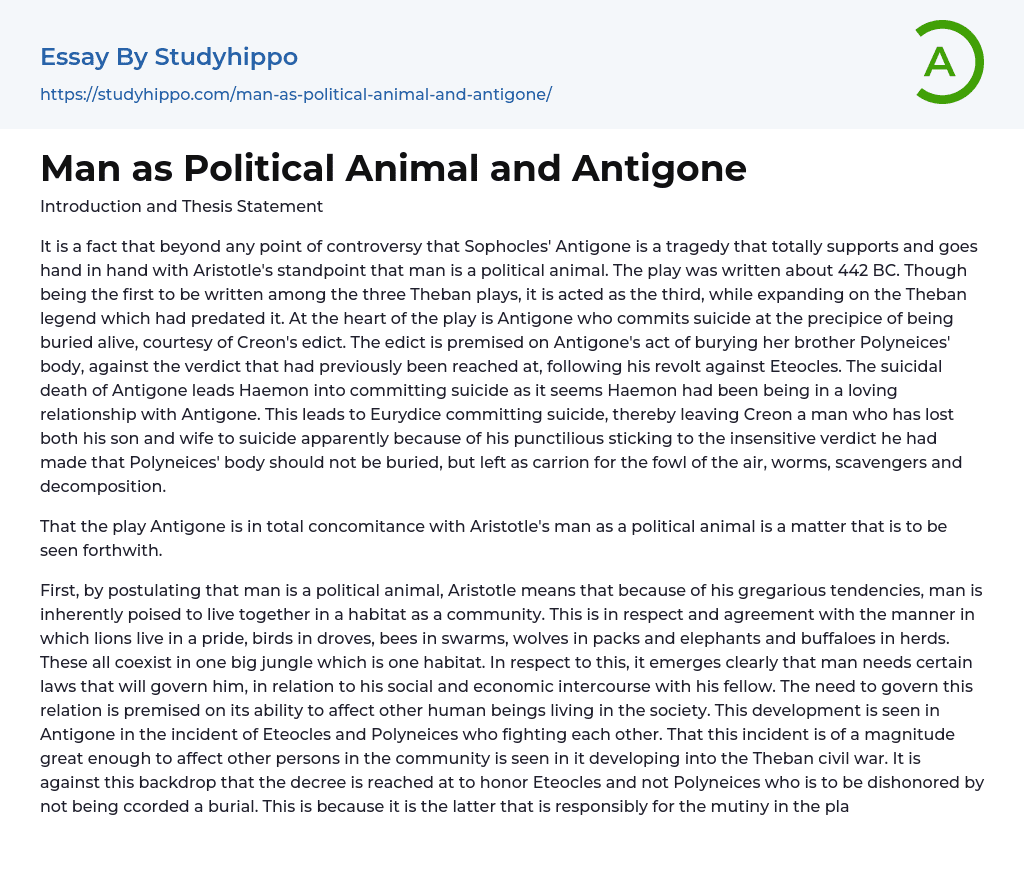 Man as Political Animal and Antigone Essay Example