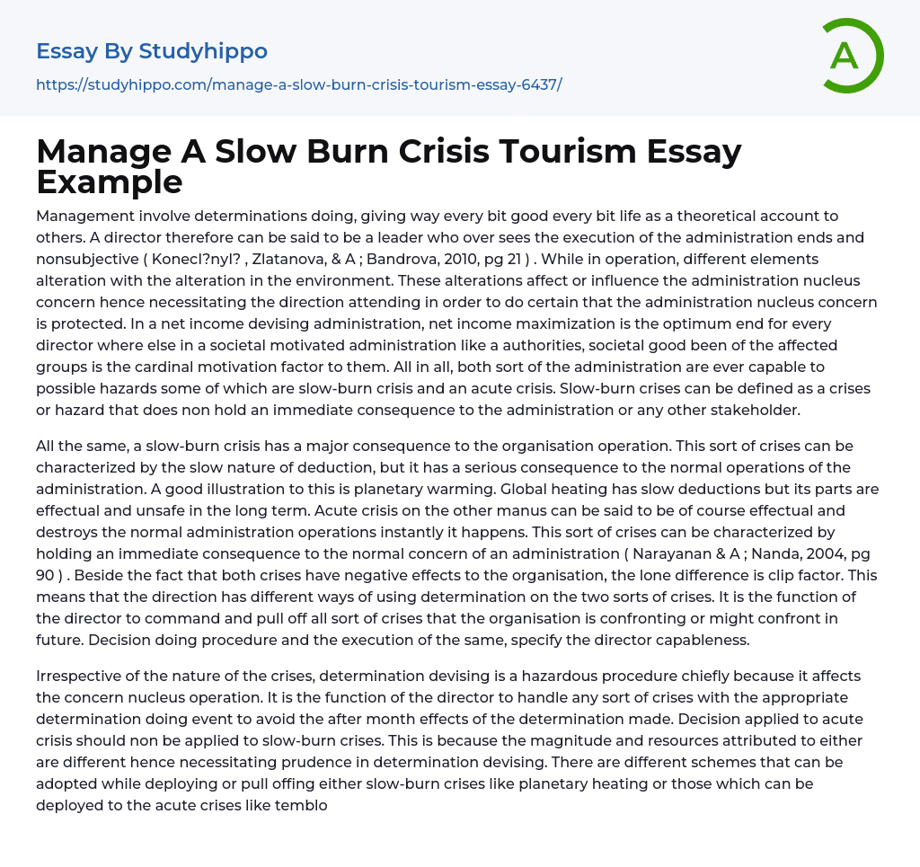 Manage A Slow Burn Crisis Tourism Essay Example