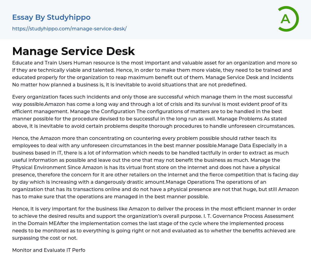 Manage Service Desk Essay Example