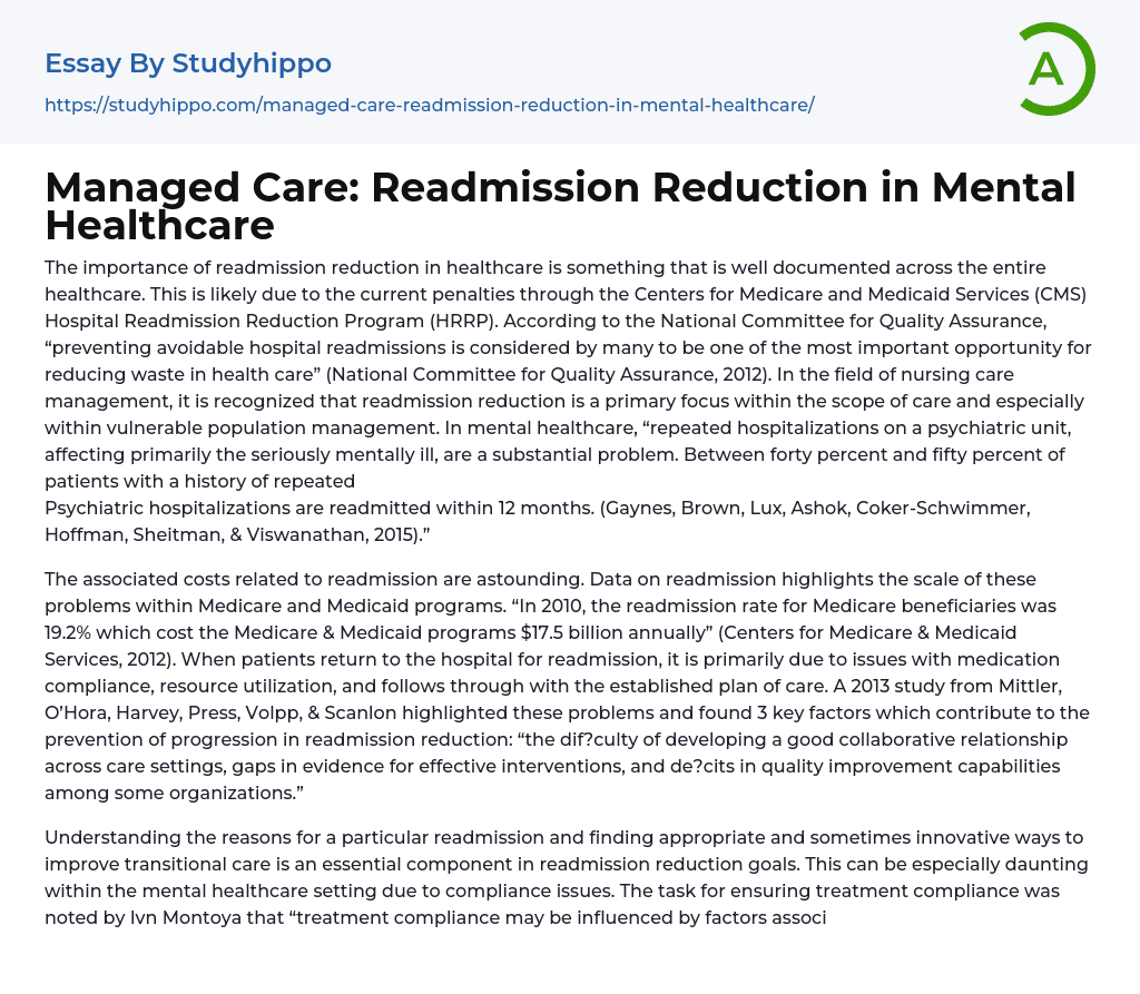 Managed Care: Readmission Reduction in Mental Healthcare Essay Example