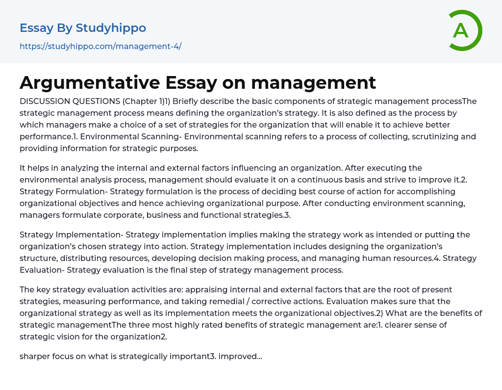 Management: Discussion Questions Essay Example
