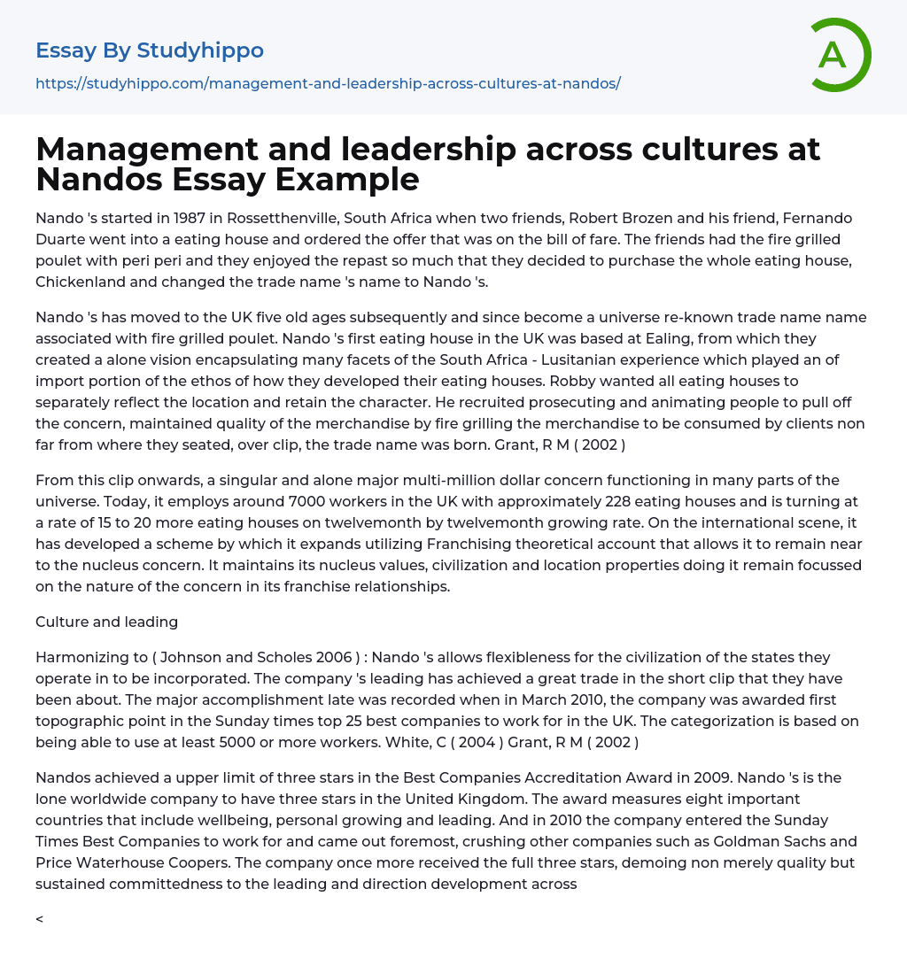 Management and leadership across cultures at Nandos Essay Example