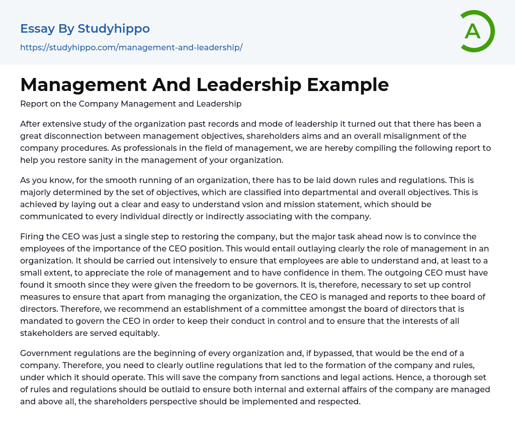 Management And Leadership Example Essay Example