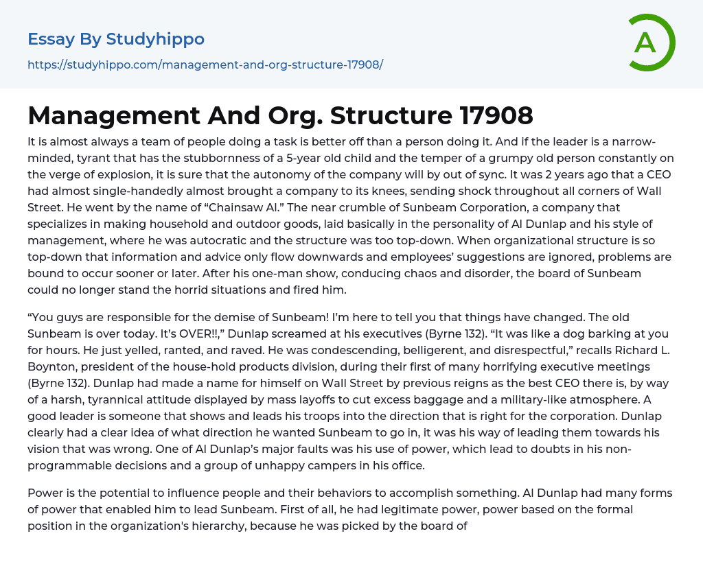Management And Org. Structure 17908 Essay Example