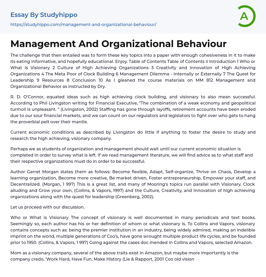 Management And Organizational Behaviour Essay Example