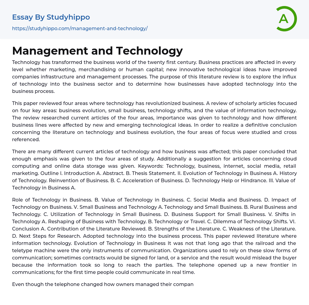 Management and Technology Essay Example