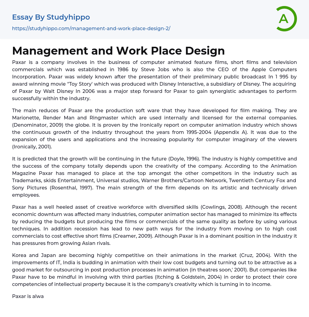 Management and Work Place Design Essay Example
