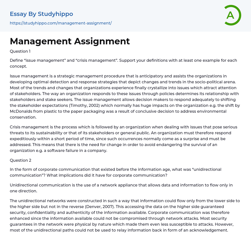 Management Assignment Essay Example