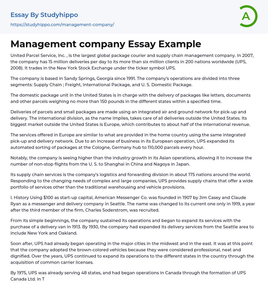 Management company Essay Example