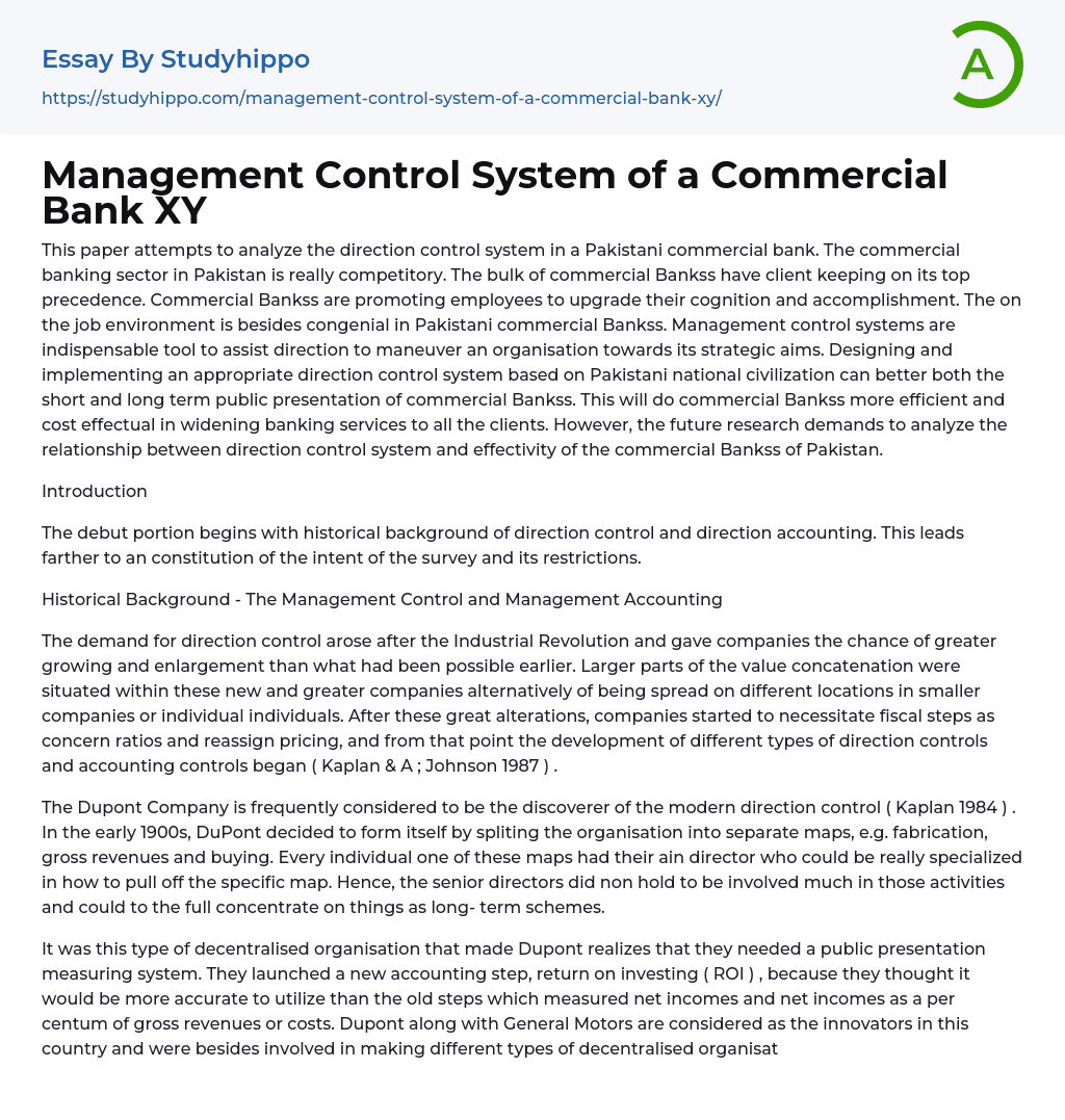 Management Control System of a Commercial Bank XY Essay Example