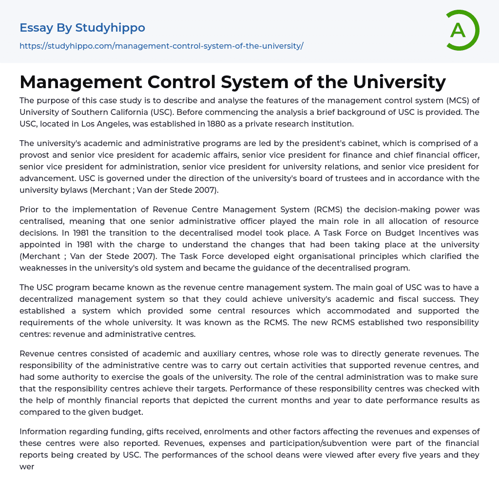 Management Control System of the University Essay Example