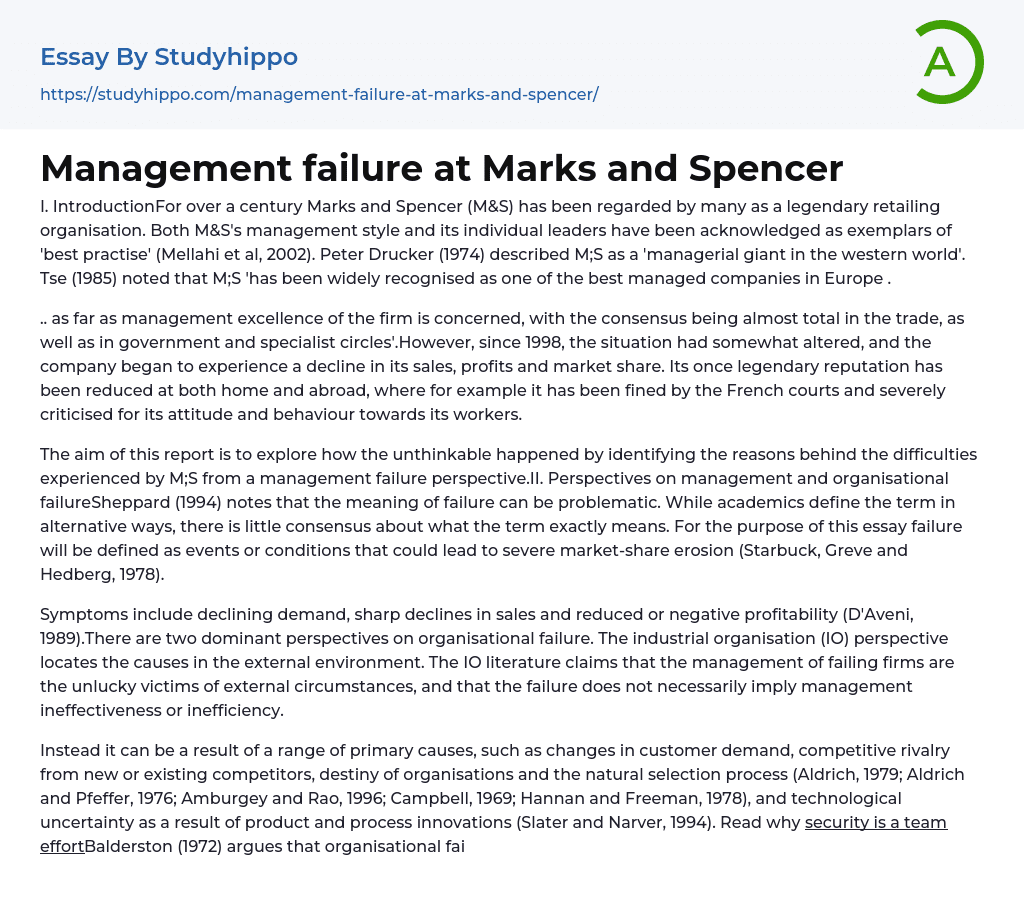 Management failure at Marks and Spencer Essay Example