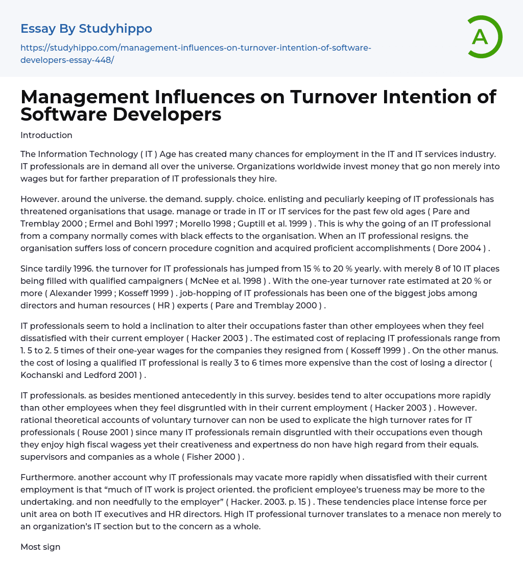 Management Influences on Turnover Intention of Software Developers Essay Example