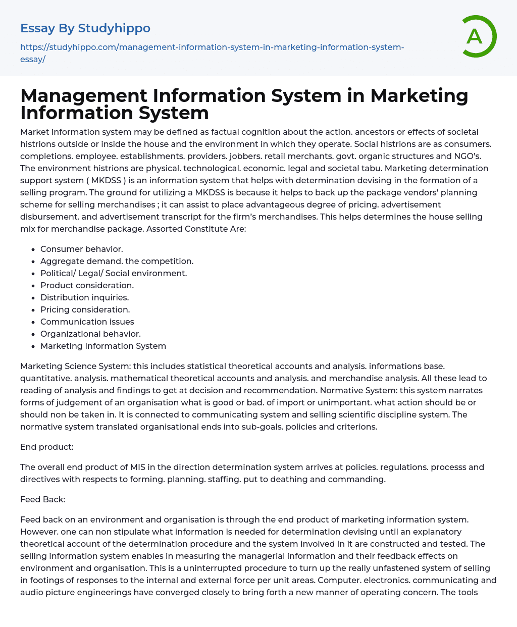 Management Information System in Marketing Information System Essay Example