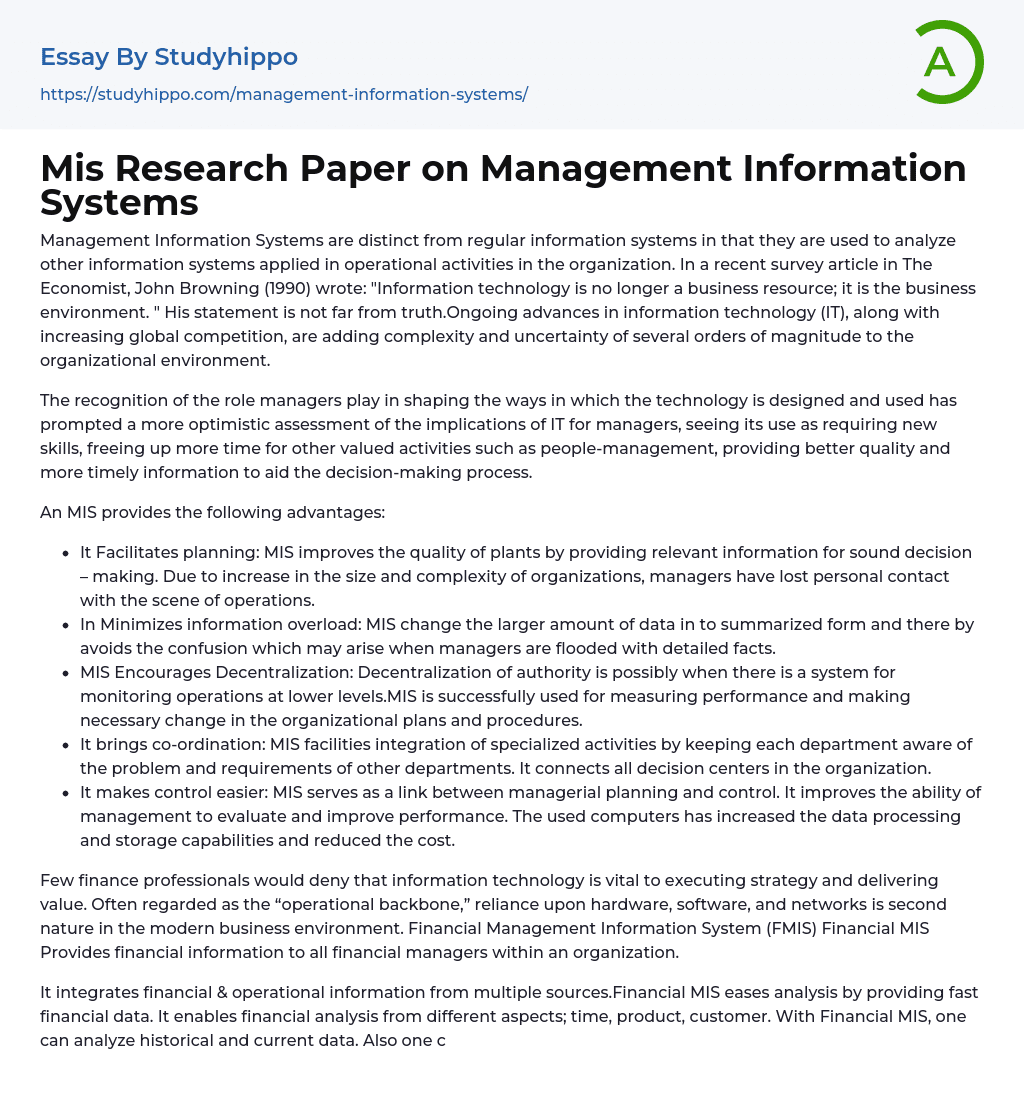 Mis Research Paper on Management Information Systems Essay Example