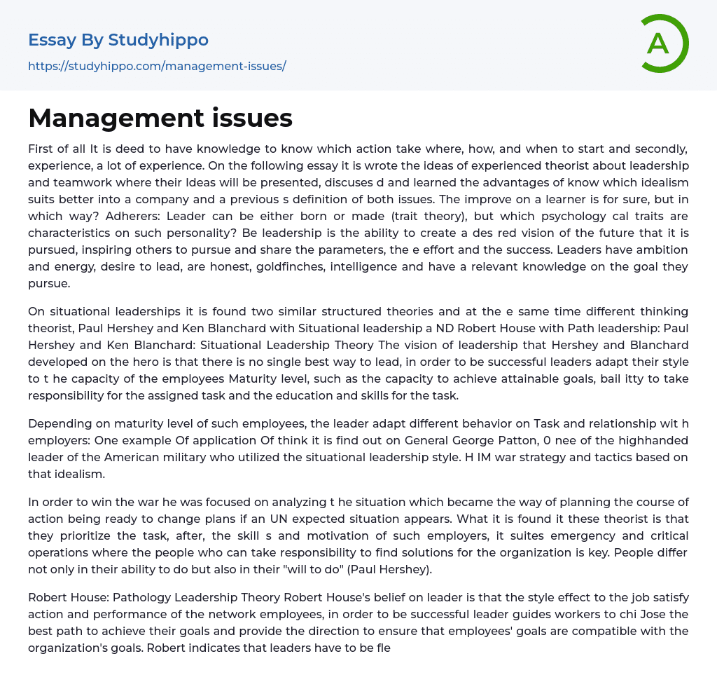 Management issues Essay Example