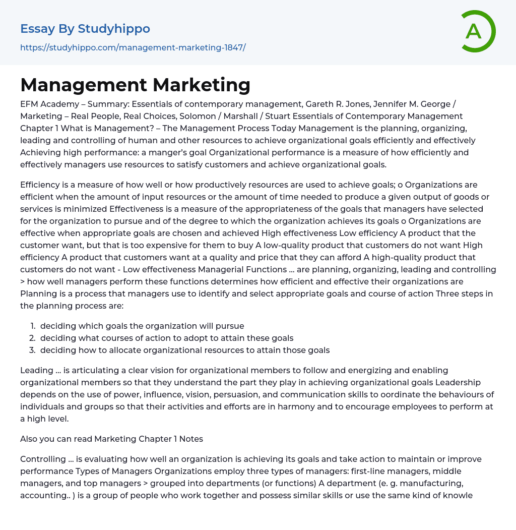 Management Marketing Essay Example