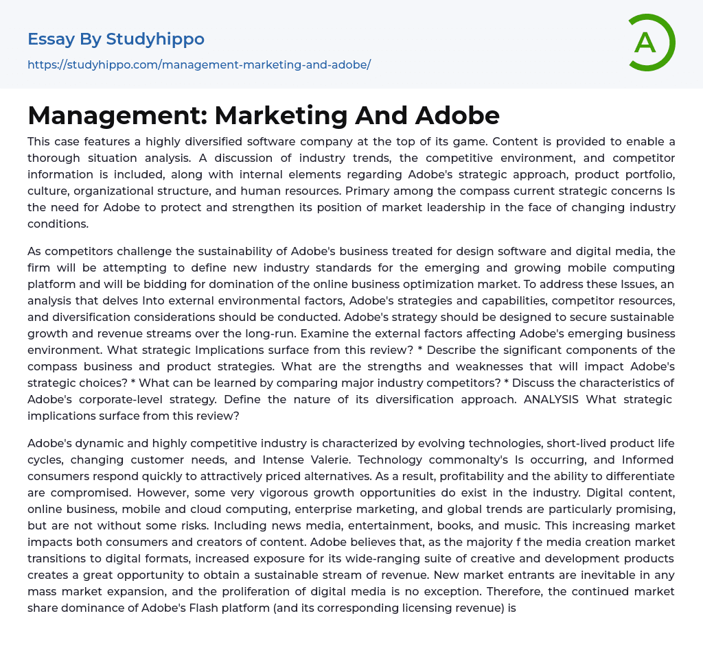 Management: Marketing And Adobe Essay Example