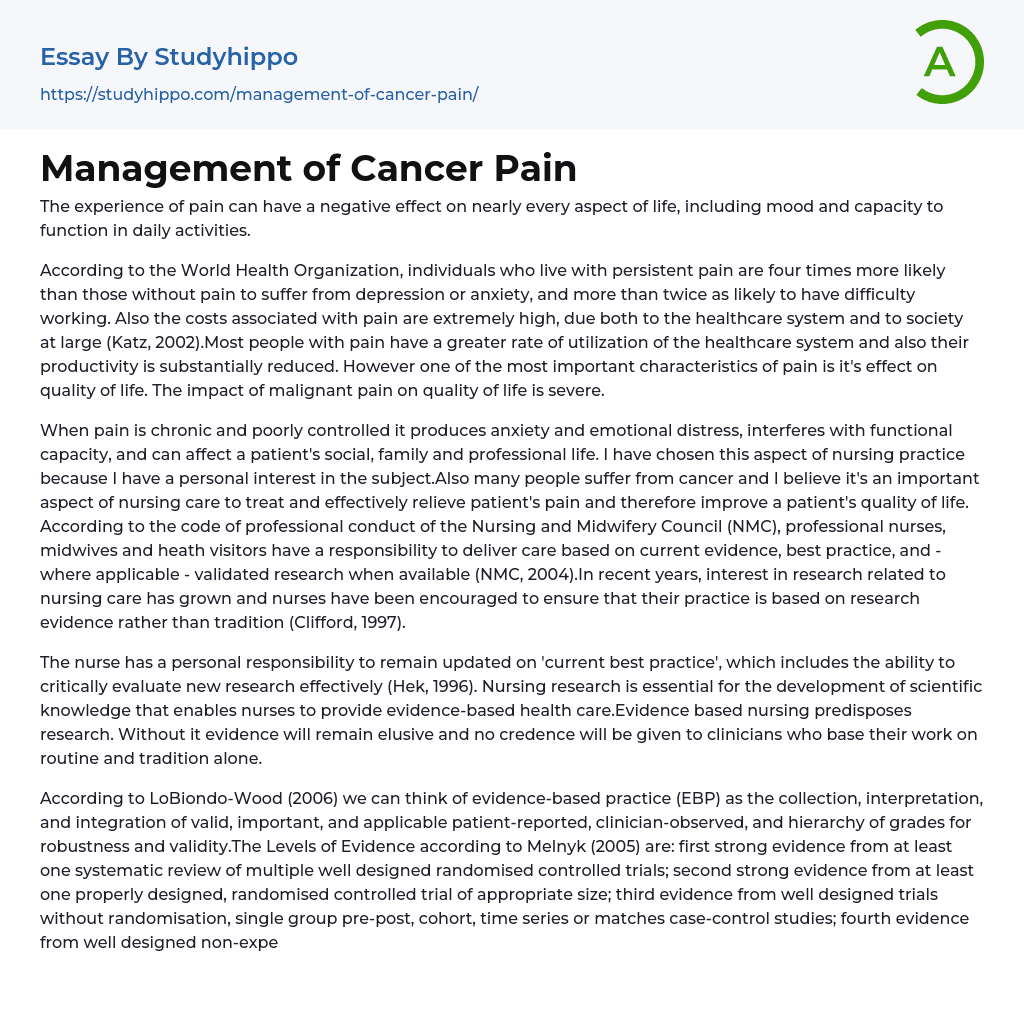 Management of Cancer Pain Essay Example