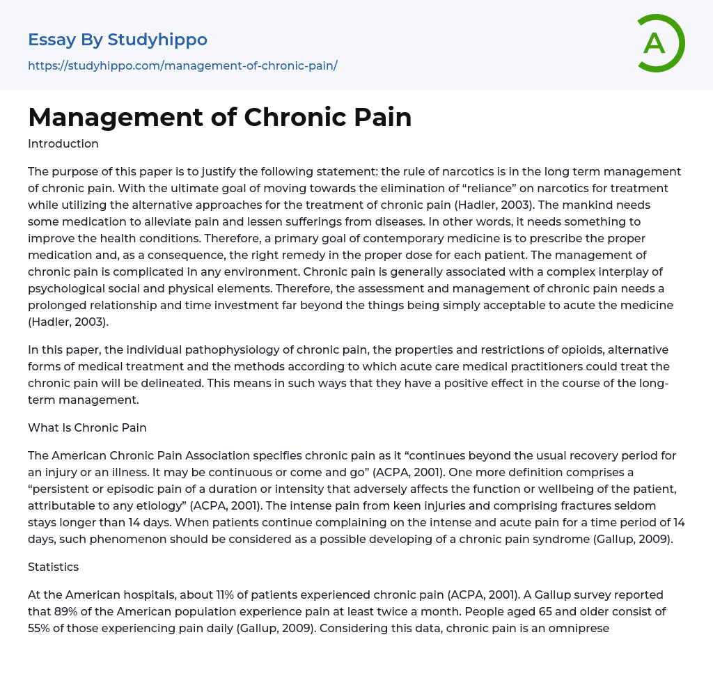 Management of Chronic Pain Essay Example