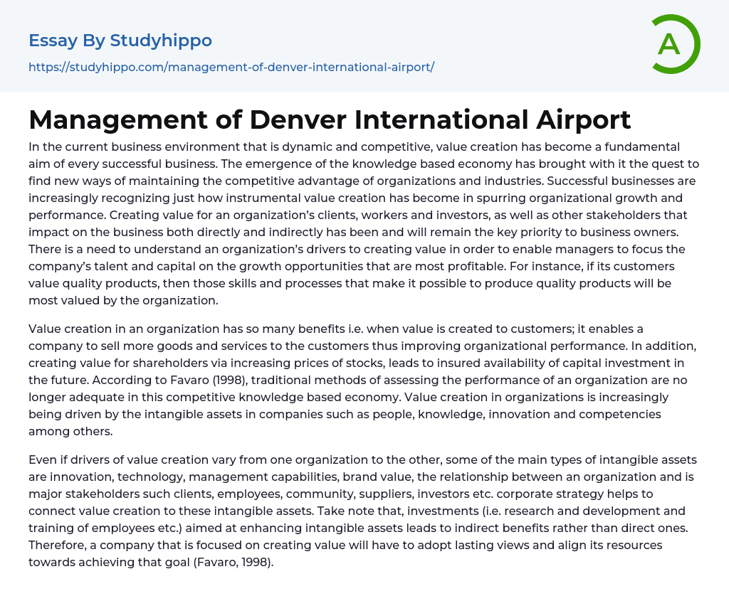 Management of Denver International Airport Essay Example