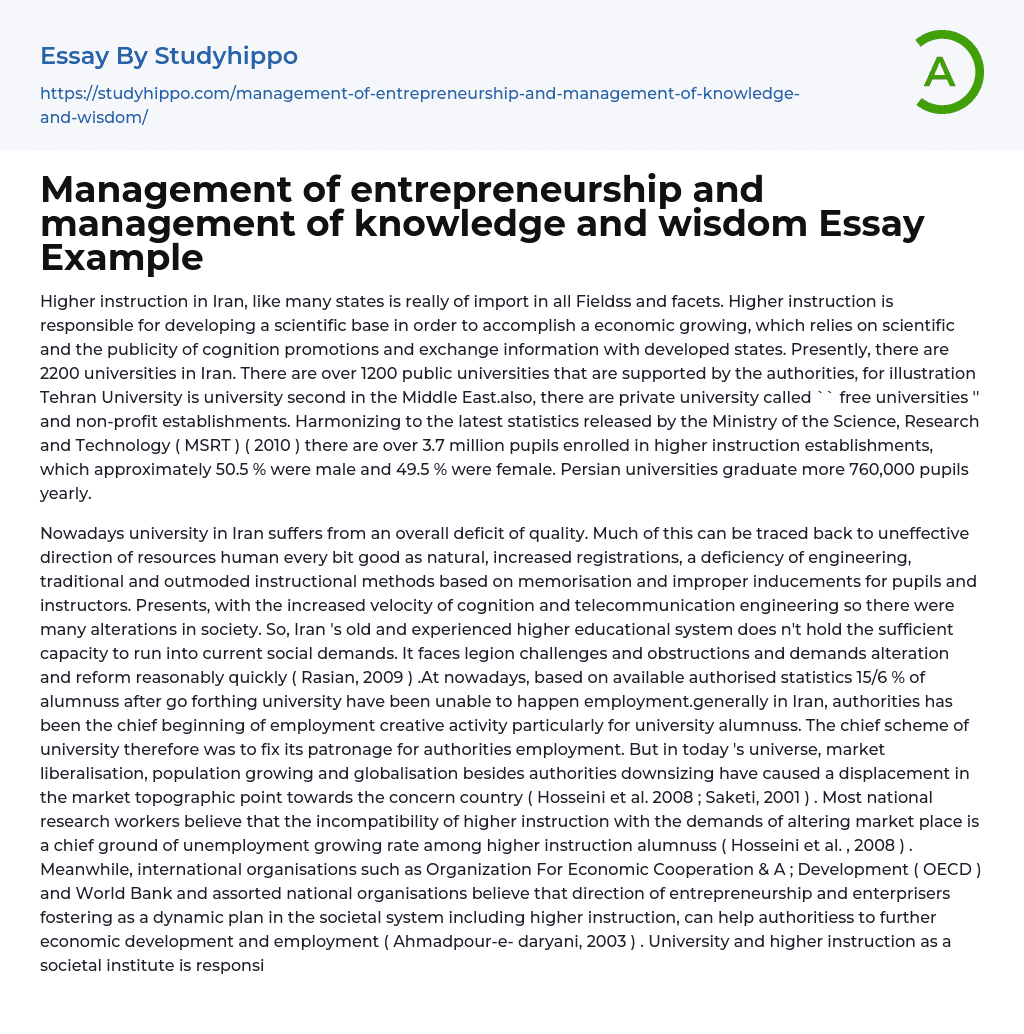 Management of entrepreneurship and management of knowledge and wisdom Essay Example