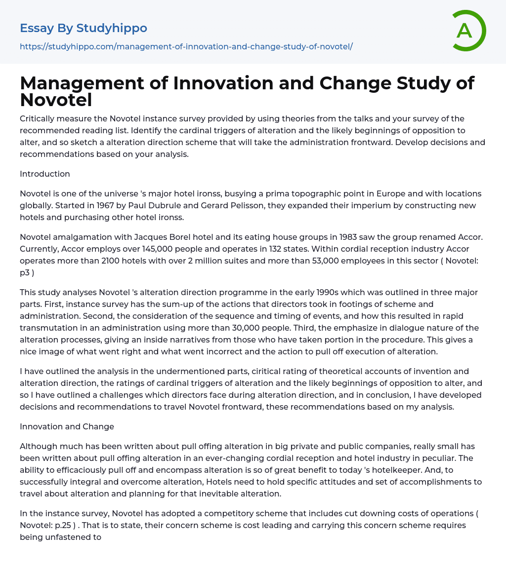 Management of Innovation and Change Study of Novotel Essay Example