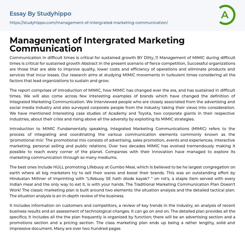 Management of Intergrated Marketing Communication Essay Example