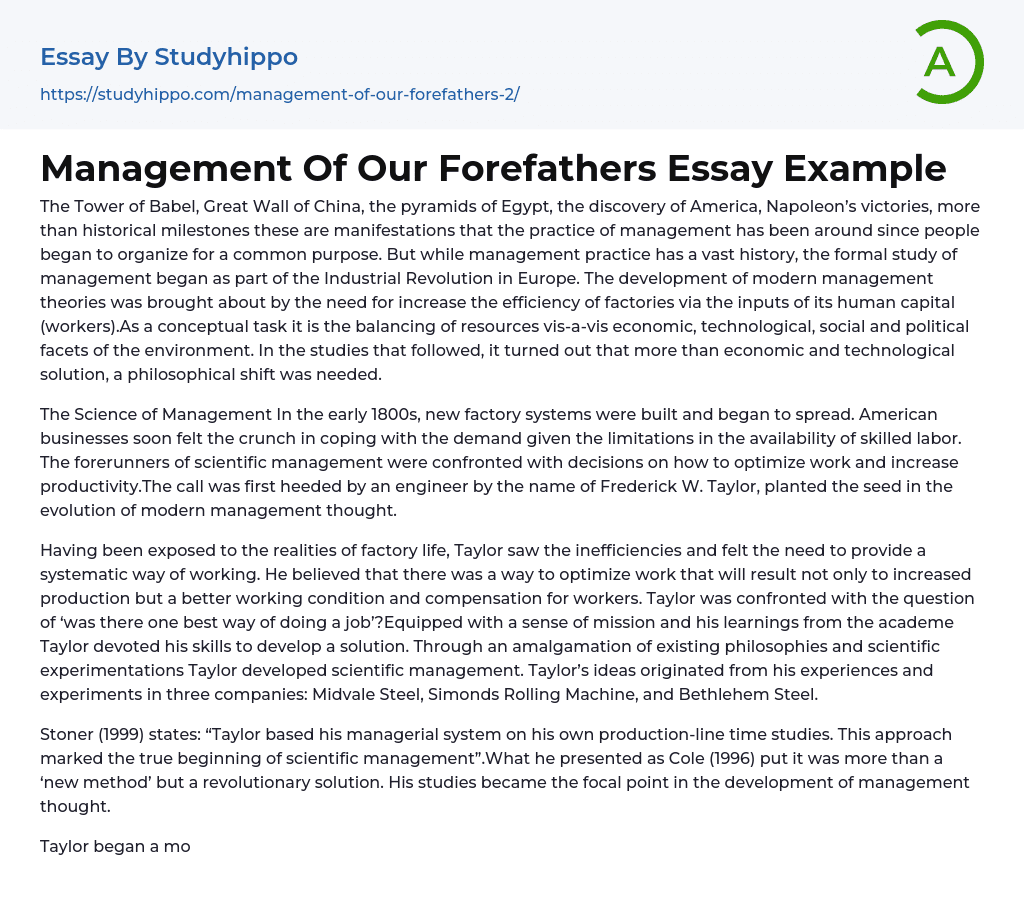Management Of Our Forefathers Essay Example