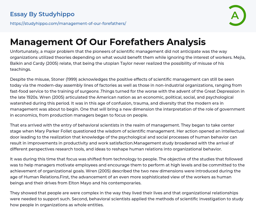 Management Of Our Forefathers Analysis Essay Example
