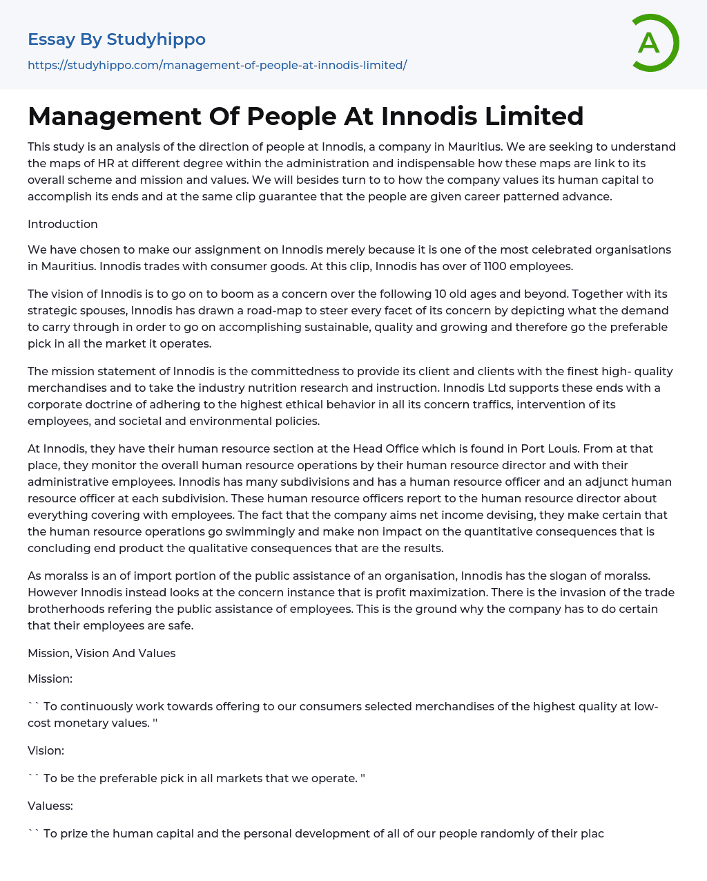 Management Of People At Innodis Limited Essay Example