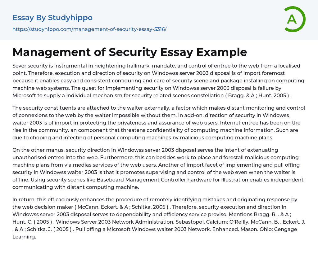 Management of Security Essay Example