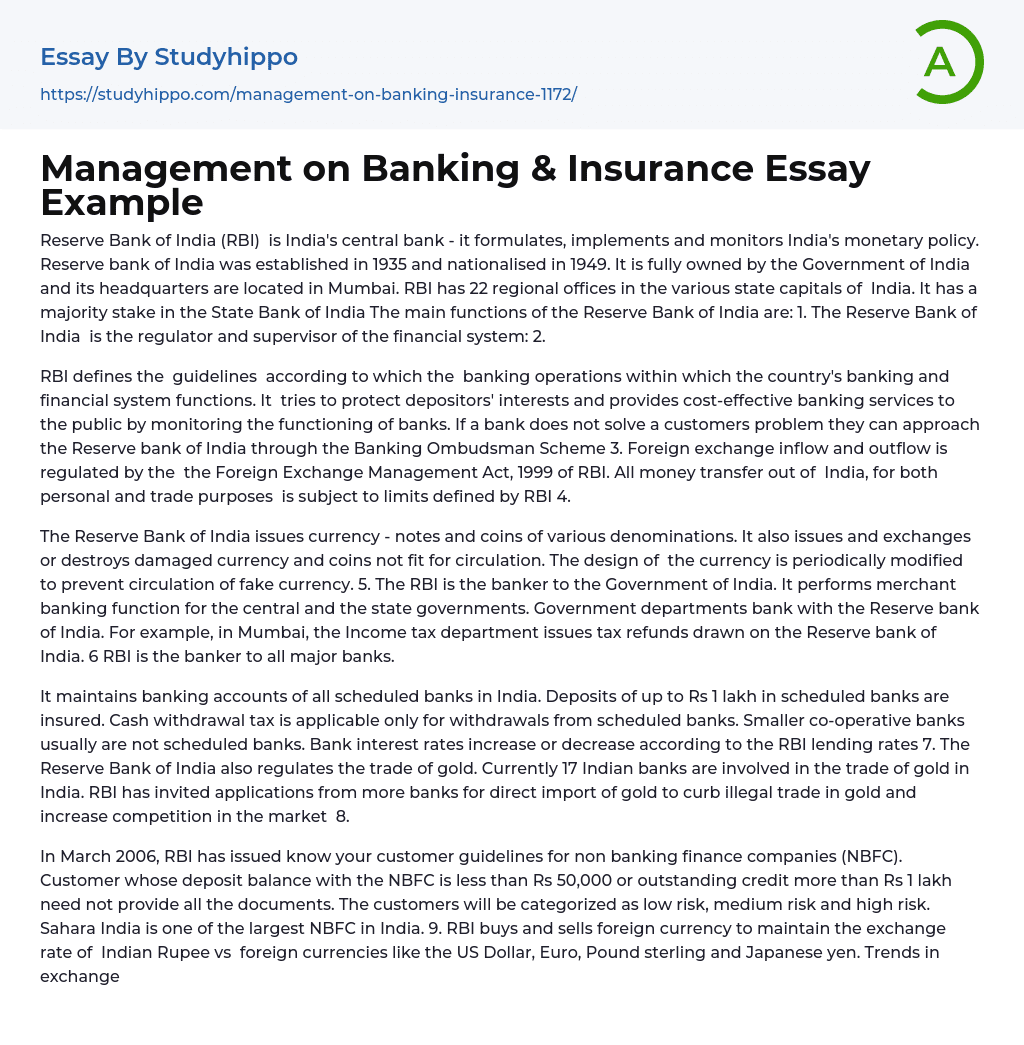 Management on Banking & Insurance Essay Example