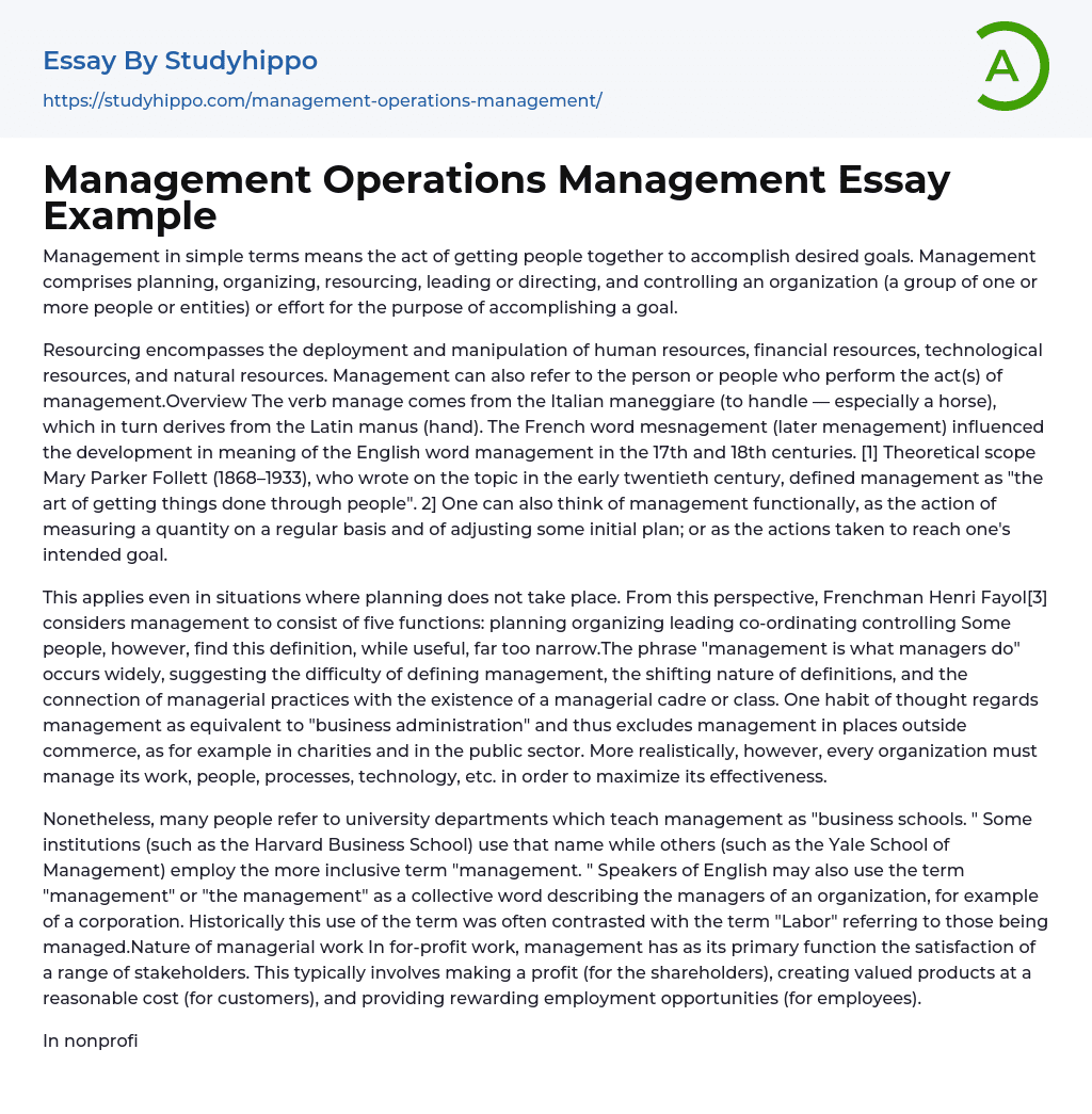 Management Operations Management Essay Example