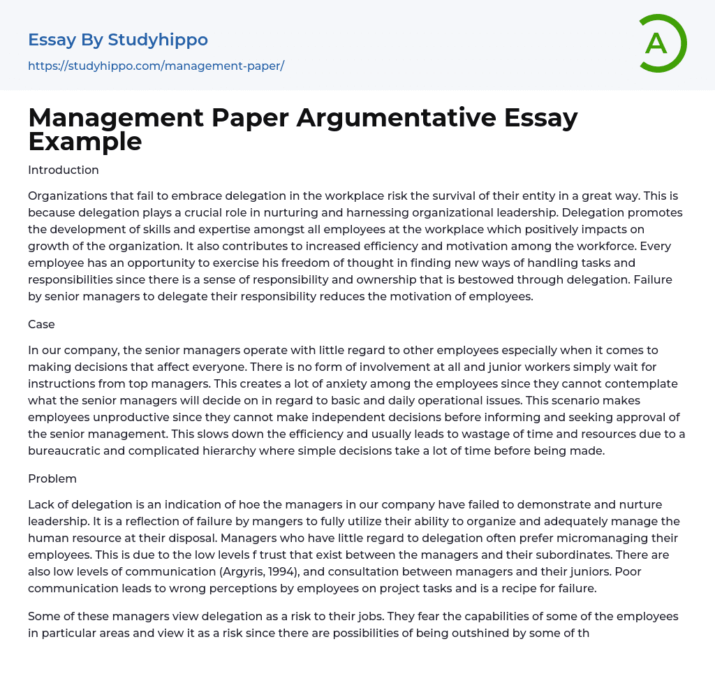 Management Paper Argumentative Essay Example