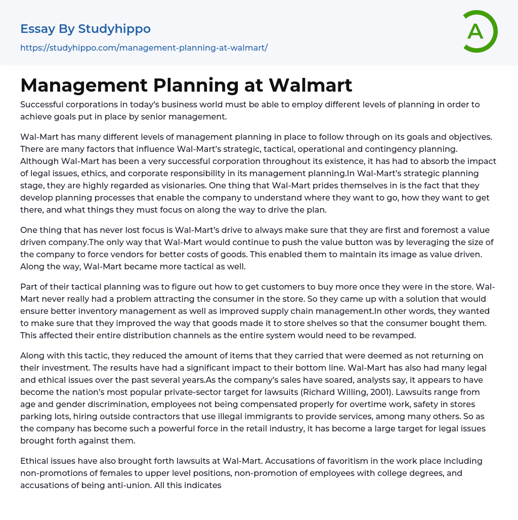 Management Planning at Walmart Essay Example