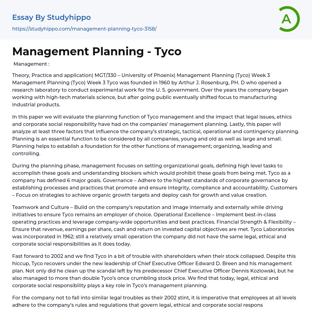 Management Planning – Tyco Essay Example