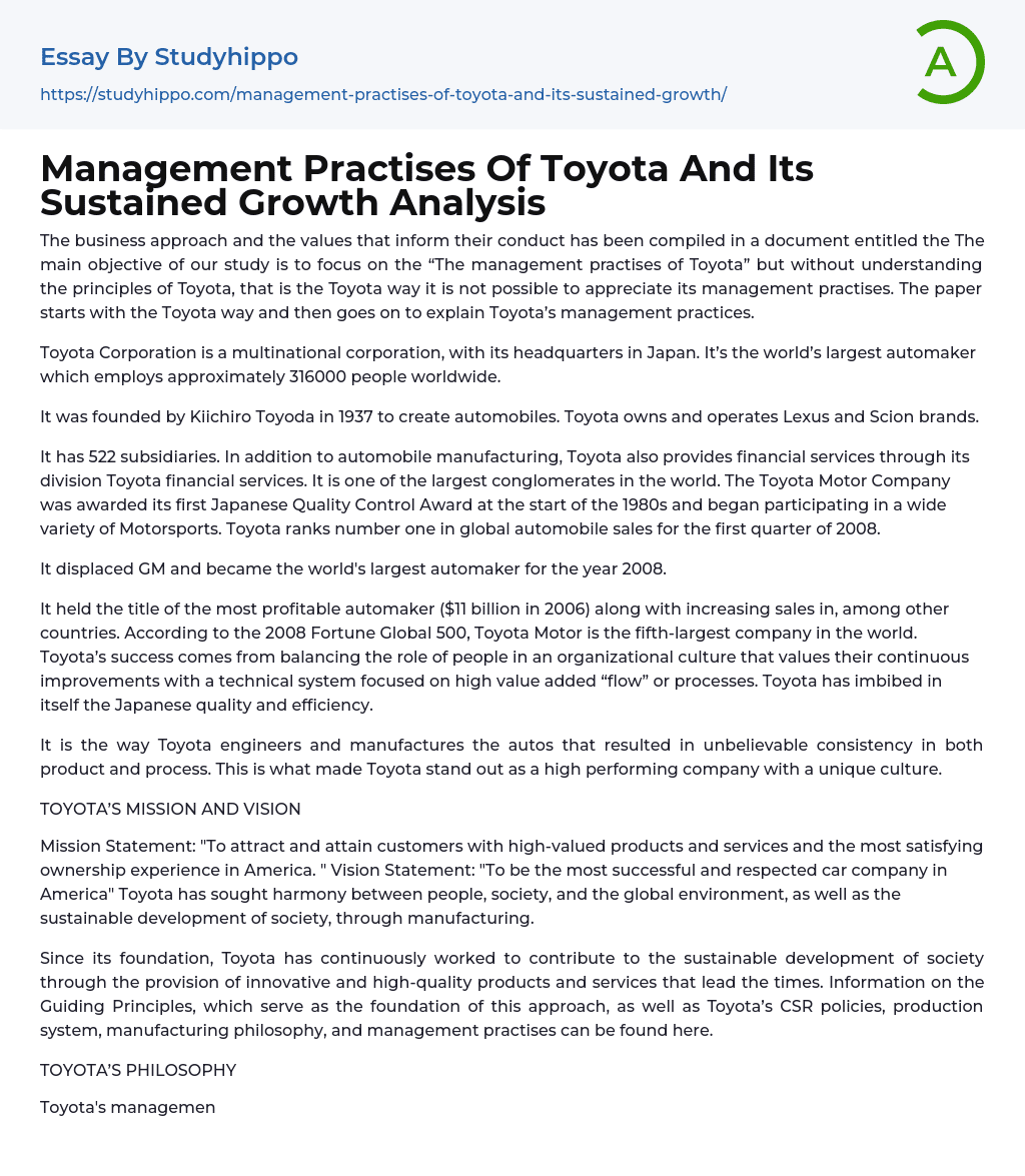 Management Practises Of Toyota And Its Sustained Growth Analysis Essay Example