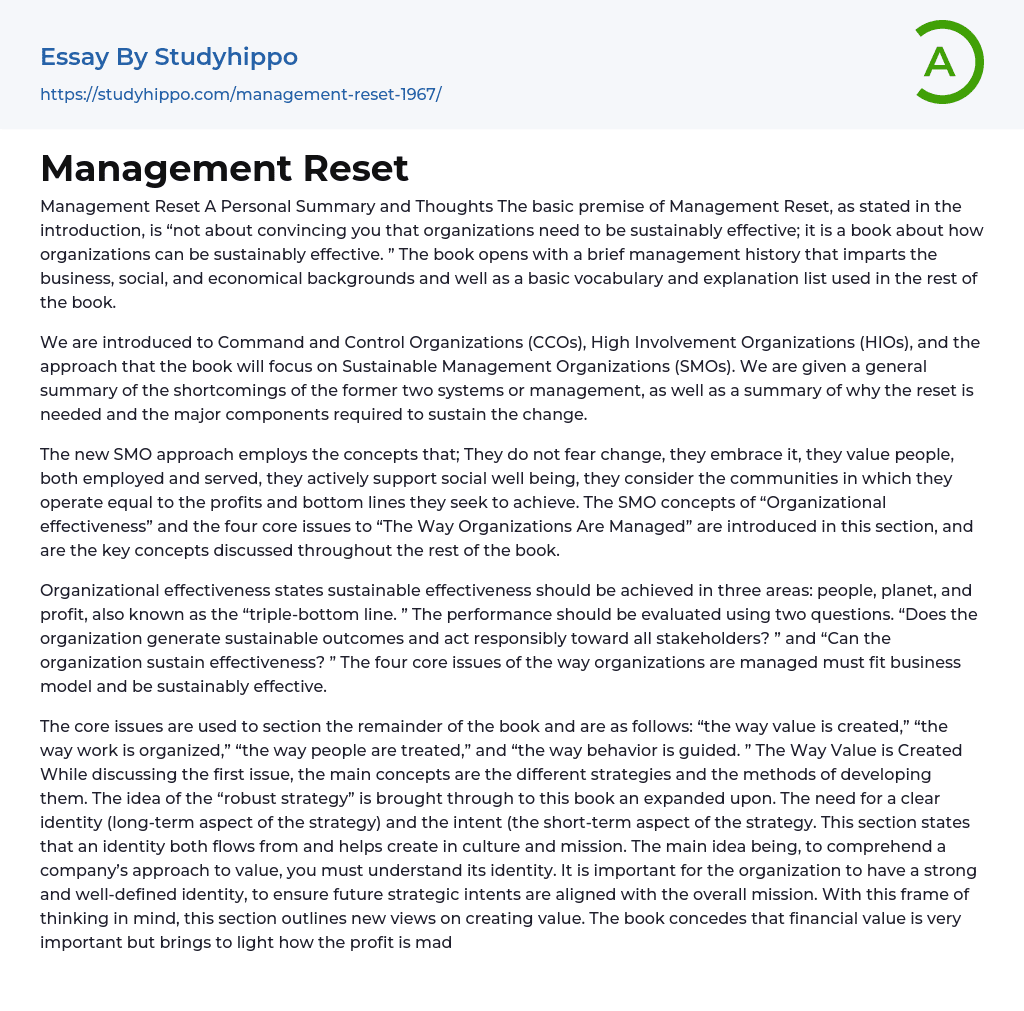 Management Reset Essay Example