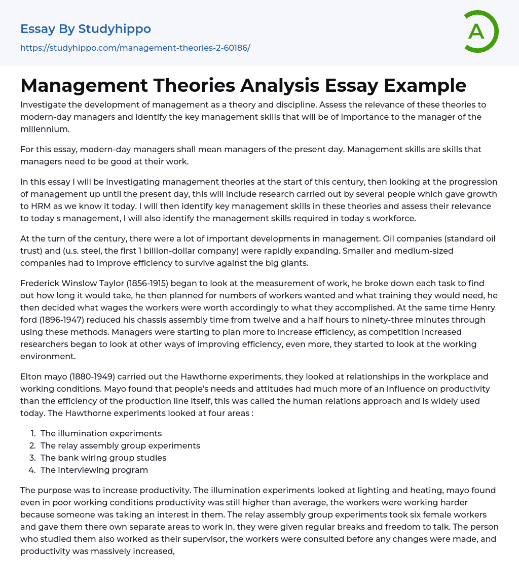 Management Theories Analysis Essay Example