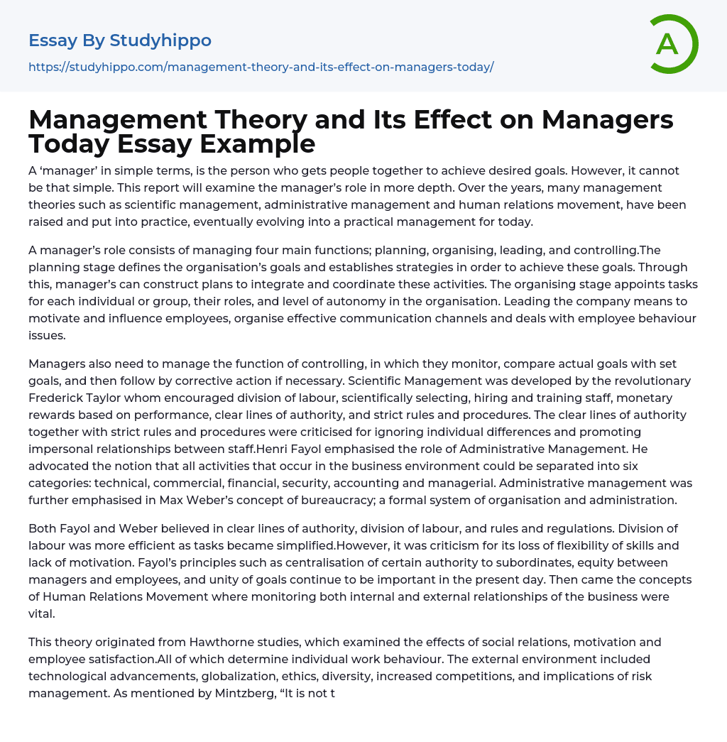 Management Theory and Its Effect on Managers Today Essay Example