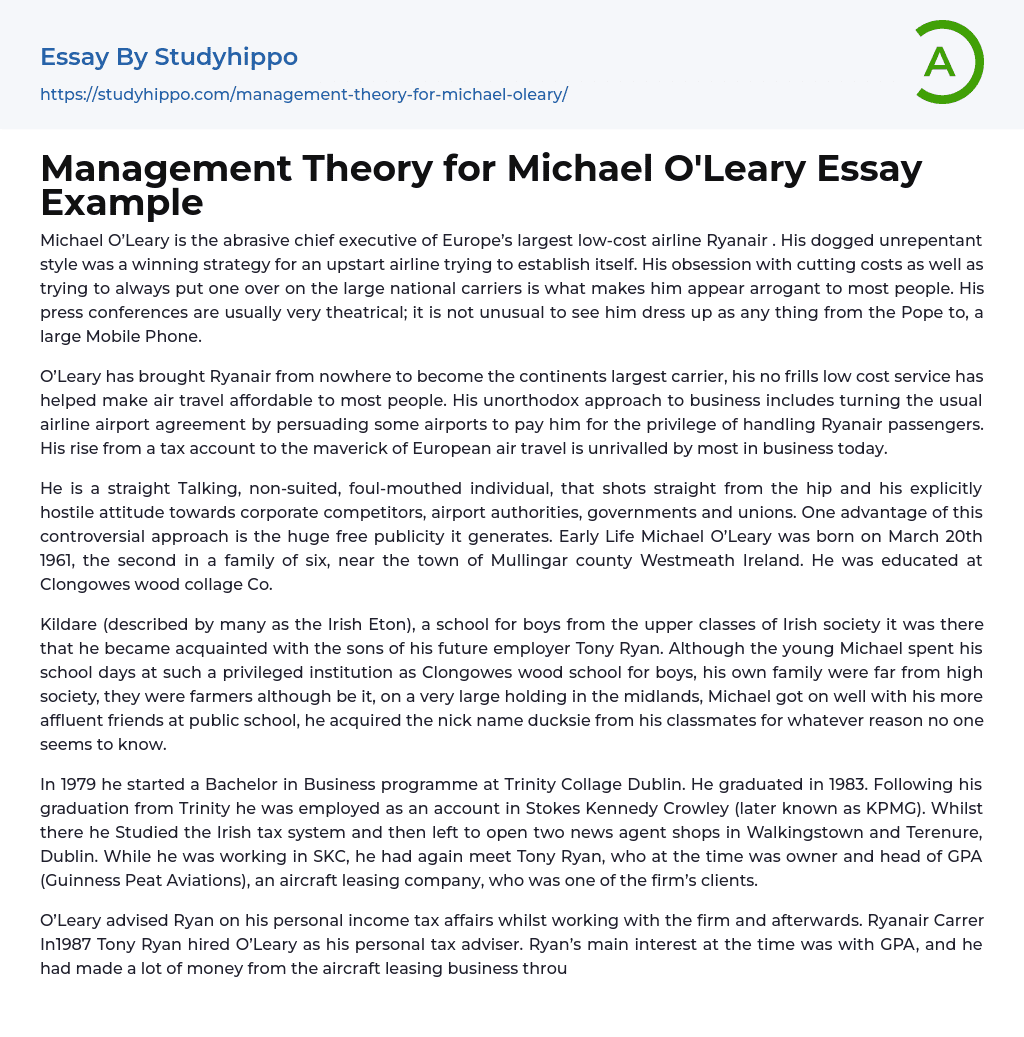 Management Theory for Michael O’Leary Essay Example
