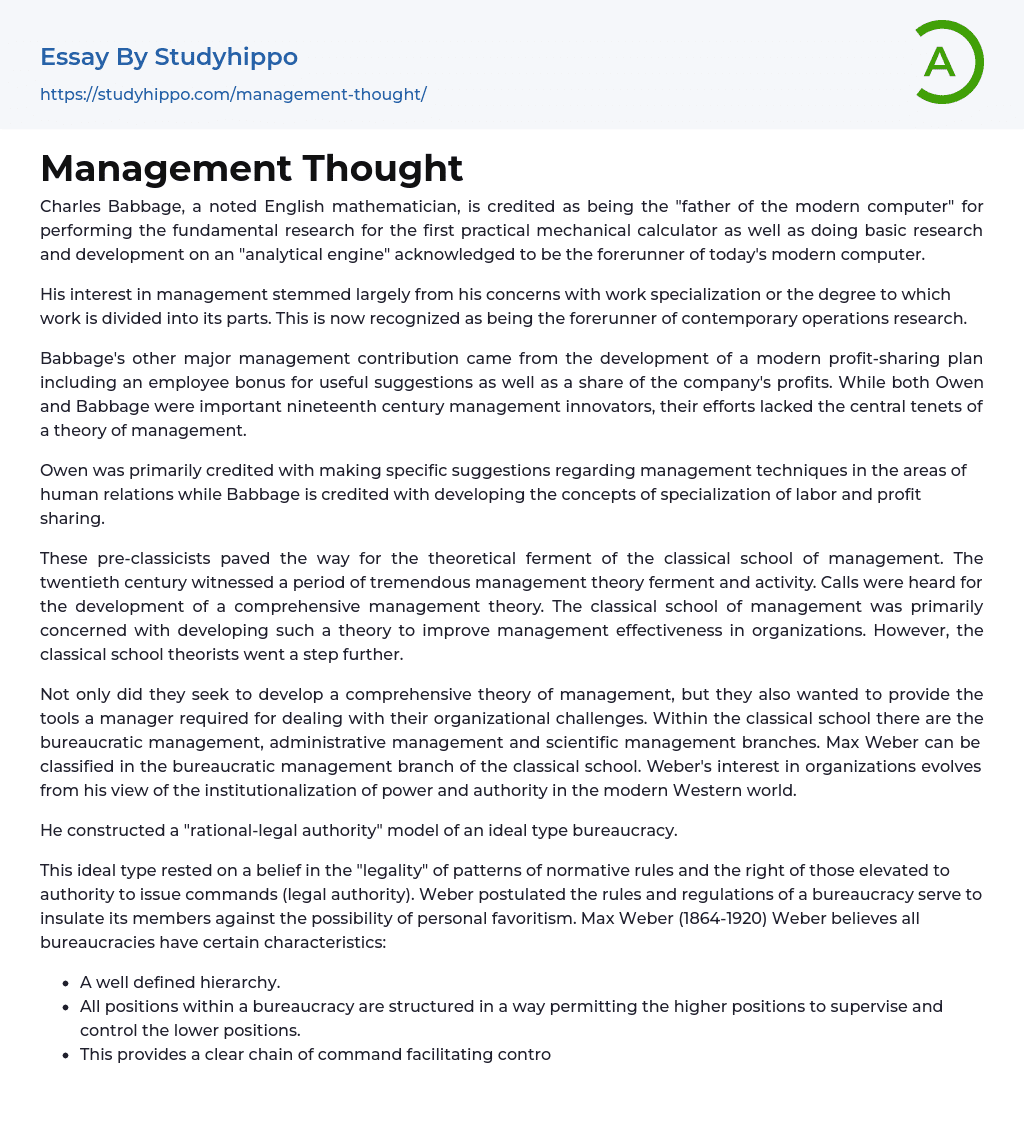 Management Thought Essay Example