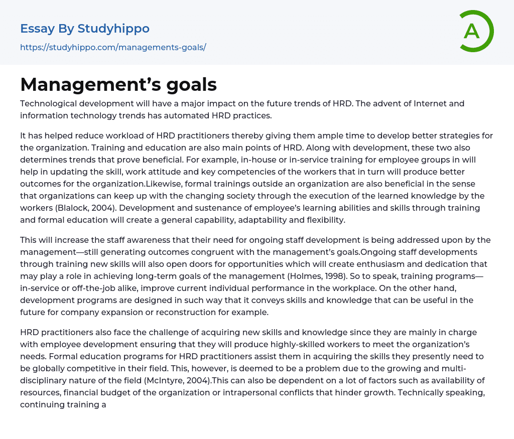 Management’s goals Essay Example