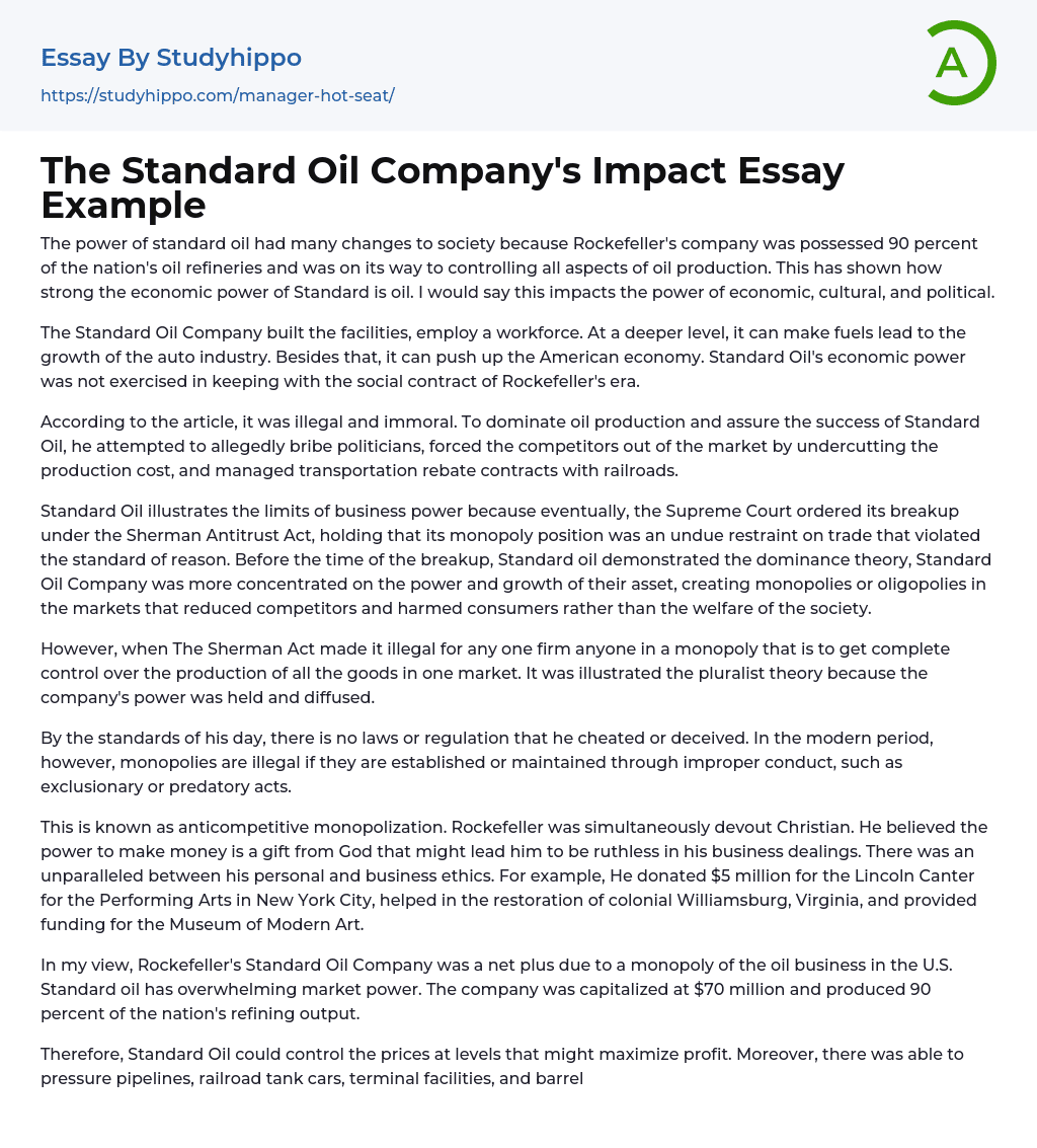 The Standard Oil Company’s Impact Essay Example