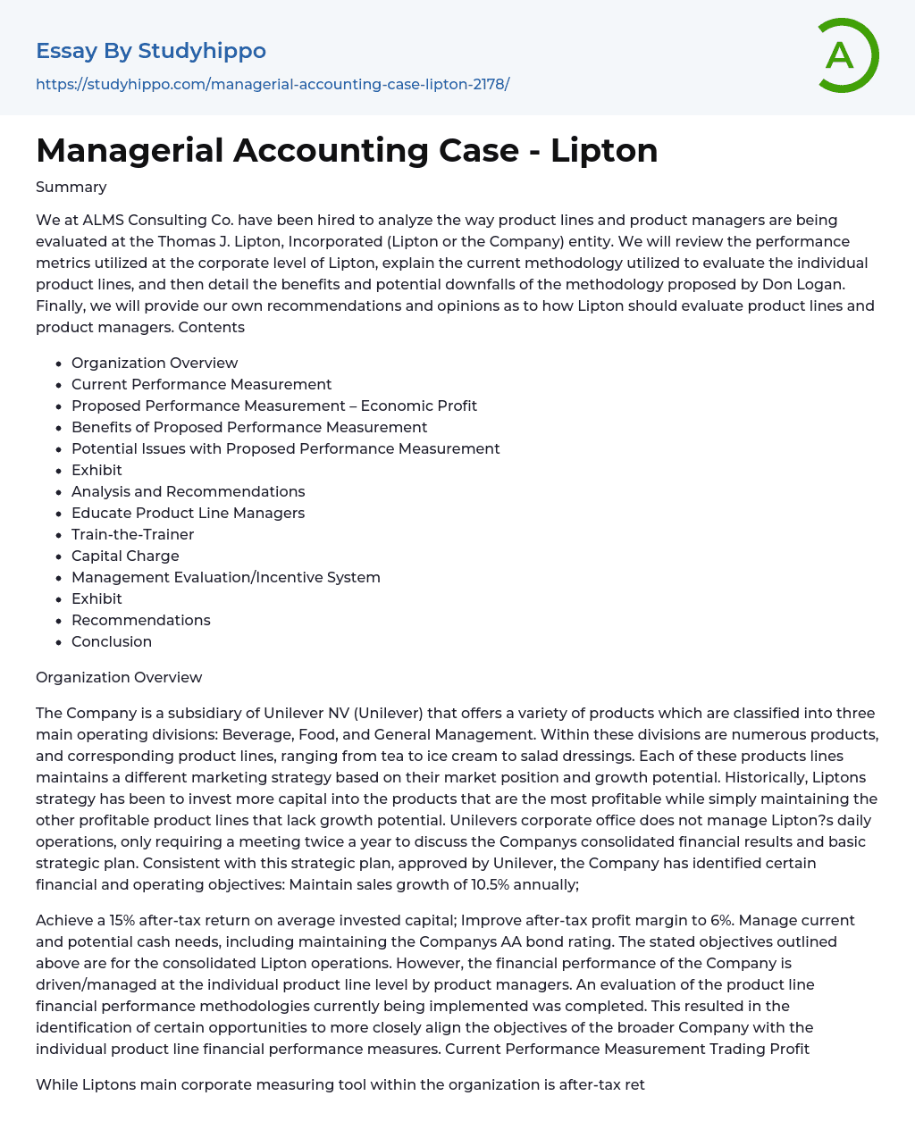 Managerial Accounting Case – Lipton Essay Example