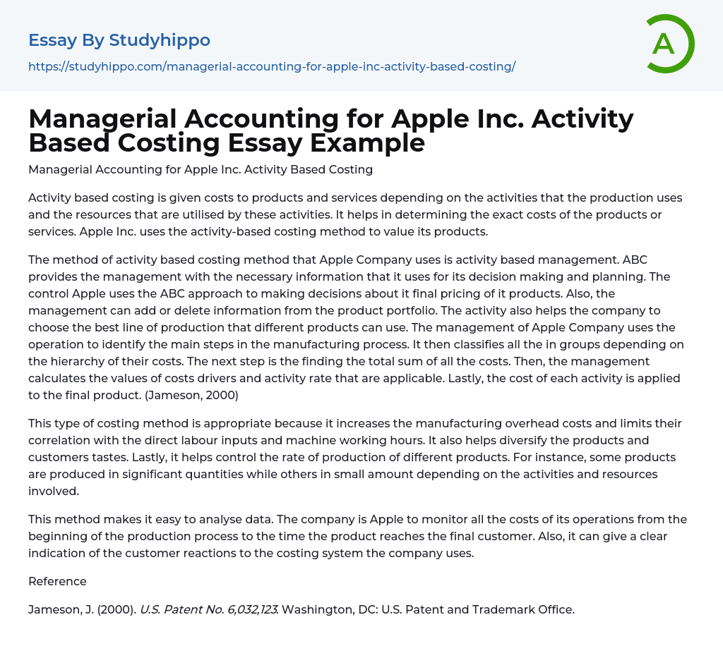 Managerial Accounting for Apple Inc. Activity Based Costing Essay Example