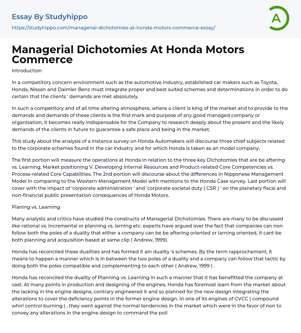 Managerial Dichotomies At Honda Motors Commerce Essay Example